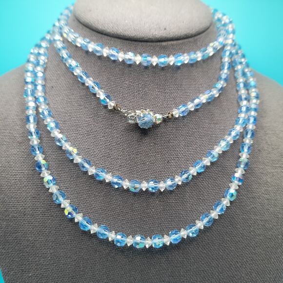 Vintage Baby Ice Blue Aurora Borealis Crystal Beaded Single Strand Necklace, 62" - Picture 1 of 10